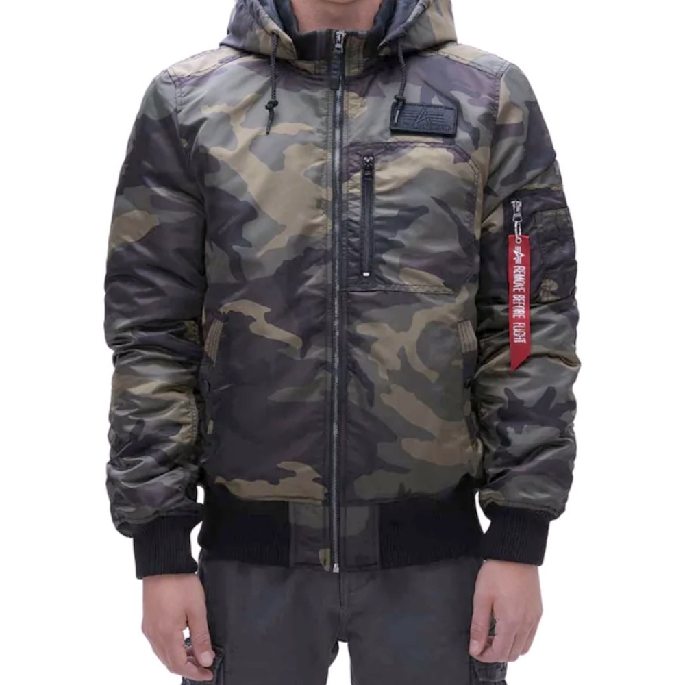Alpha Industries Men’s Hooded Rib Flight Jacket in Camo